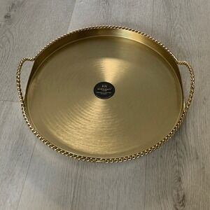 Gold round serving tray with handles holiday Christmas home decor braid trim 15"